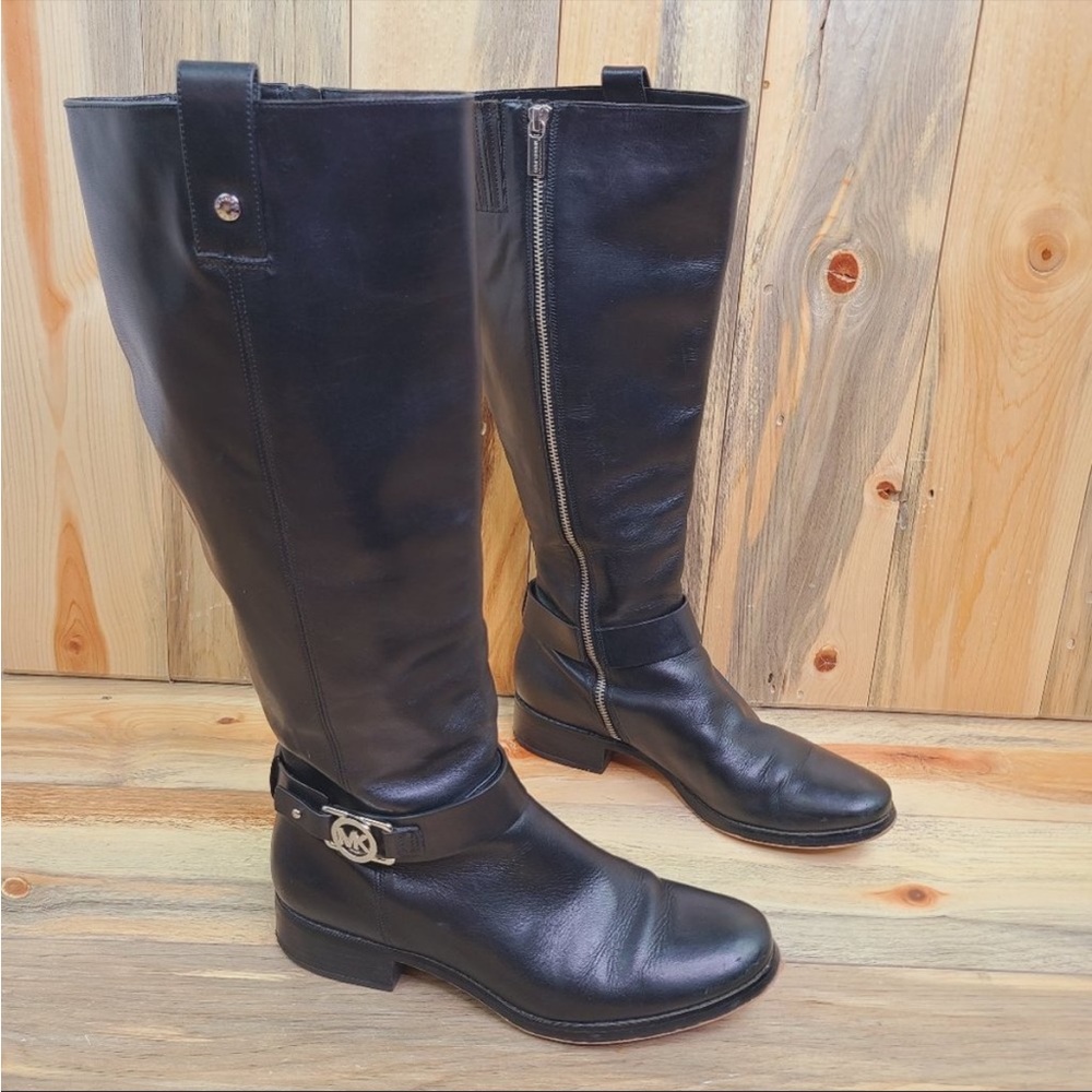 Michael Kors Fulton Harness Black Leather Tall Equestrian Moto Riding Boots